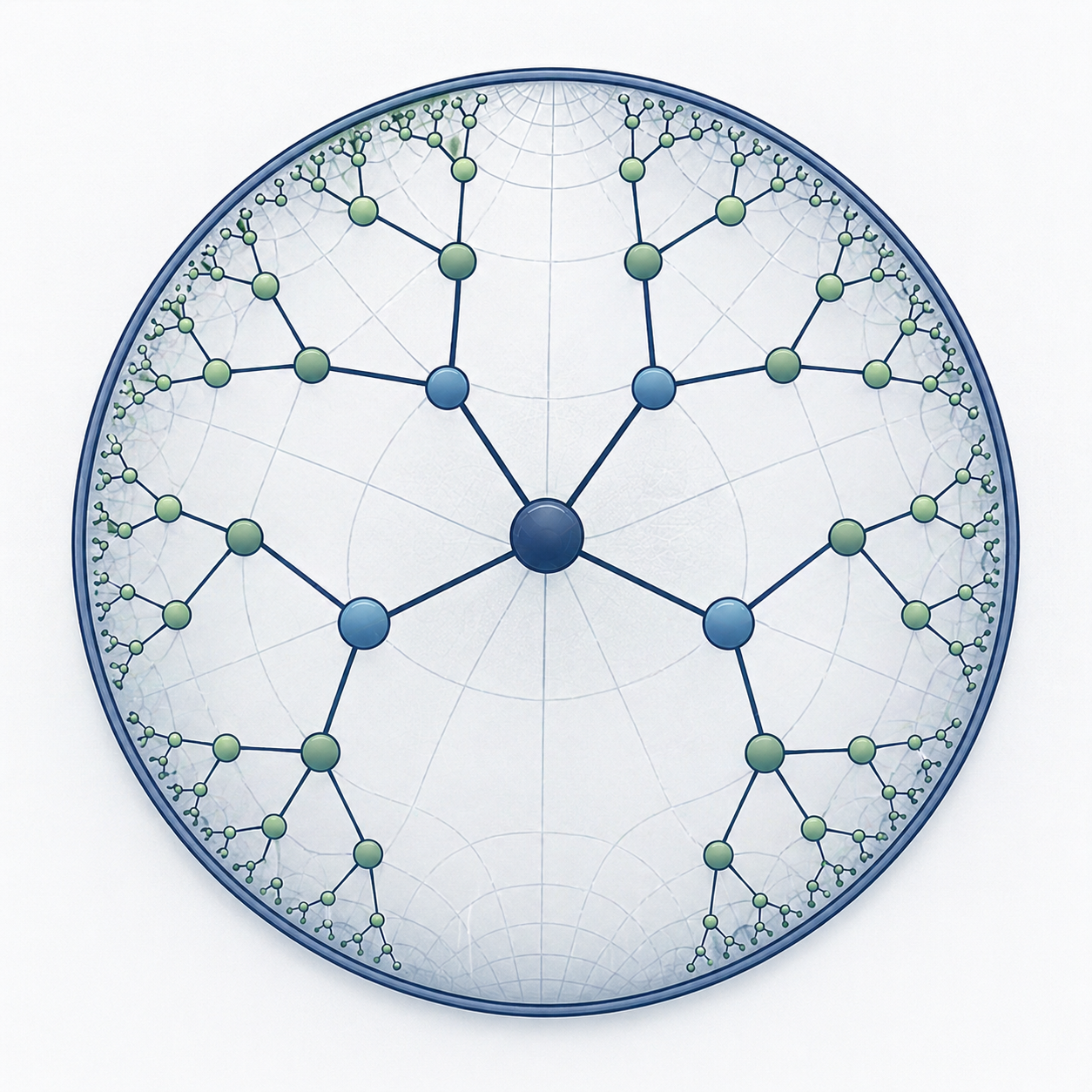 Poincaré disk with a small tree embedded. Root at center, leaves near boundary